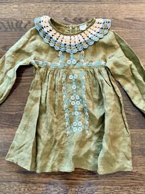 Apolina Mariette Olive Green Embroidered Linen Dress with Crochet Collar
